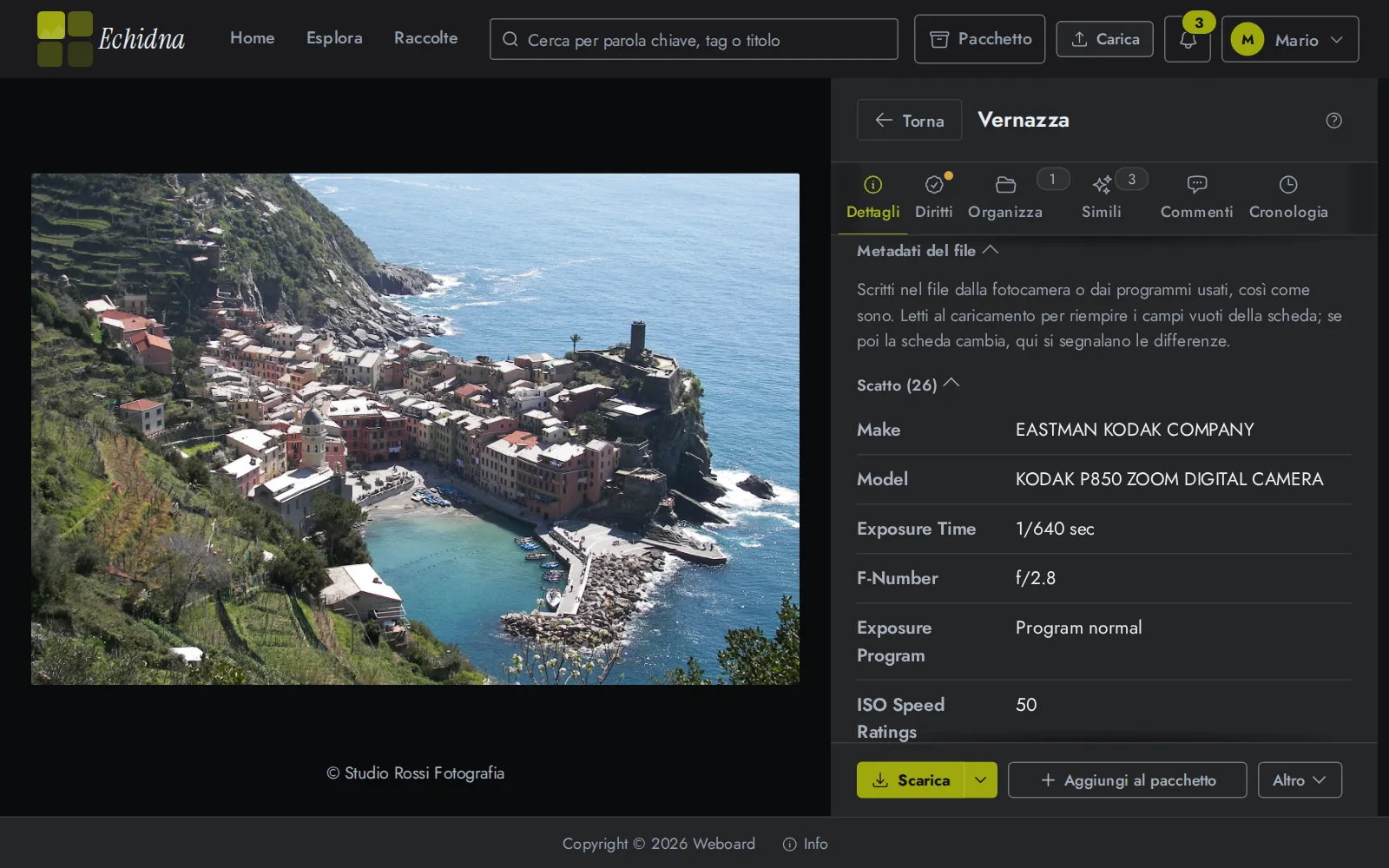 Scheda di un file in Echidna: i metadati scritti nel file dalla fotocamera, letti al caricamento