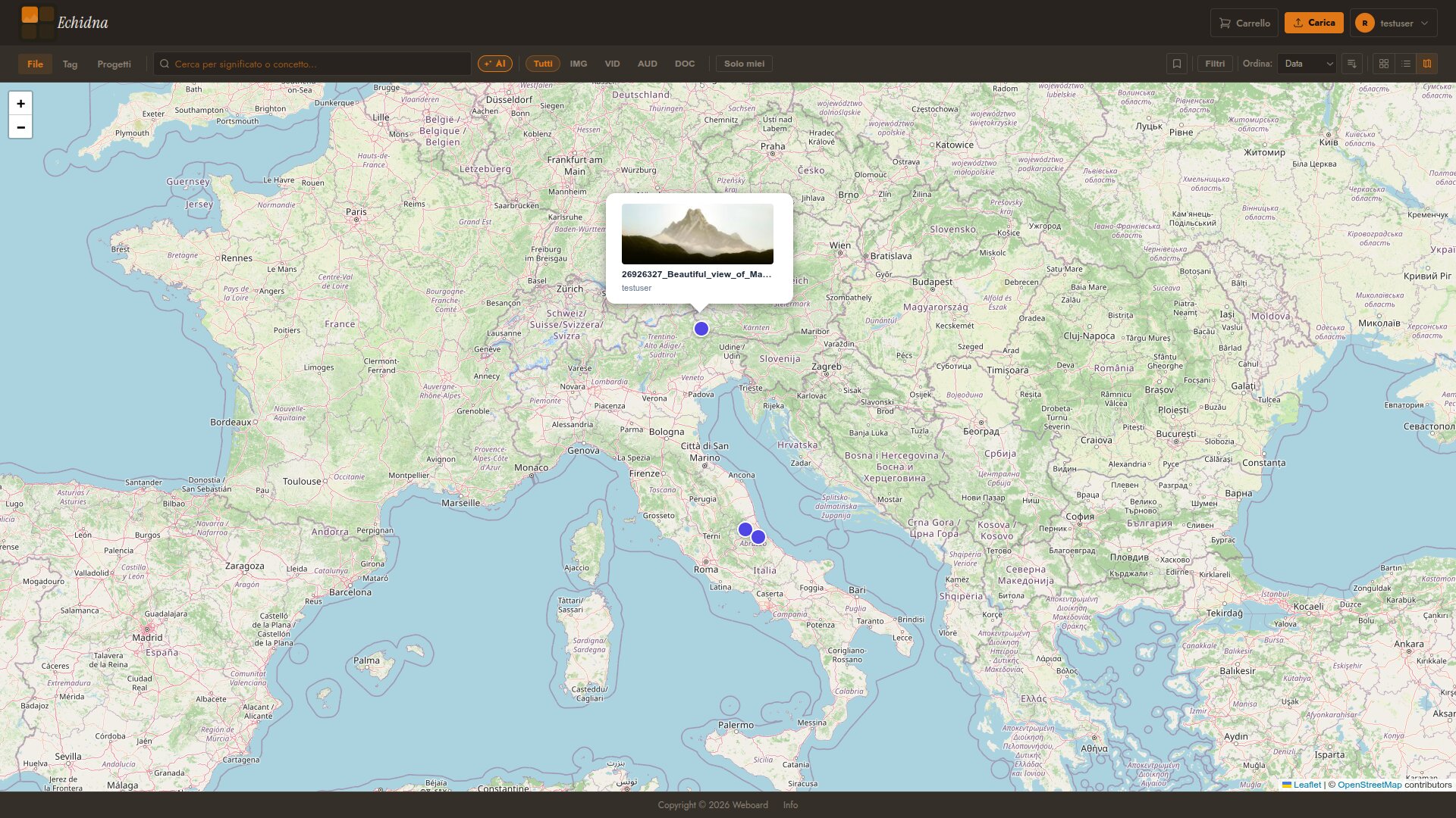 Vista mappa Echidna con file geolocalizzati e dettaglio aperto